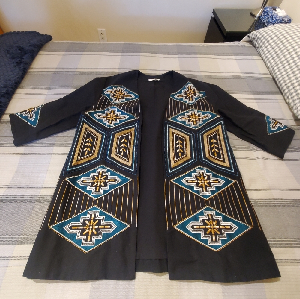 Embroidered Black Blazer with Gold and Blue Accents